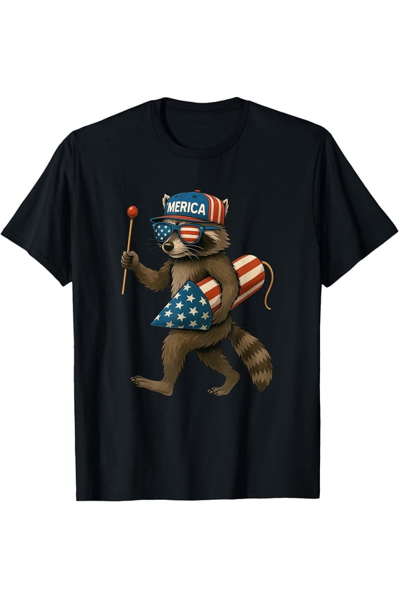 Funny Racoon Fireworks American Flag Patriotic 4Th Of July T-Shirt