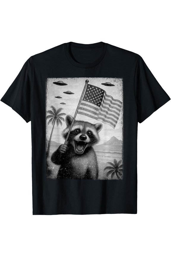 Funny Racoon Selfie With Ufos Meme 4Th Of July Shirt Men Kid T-Shirt