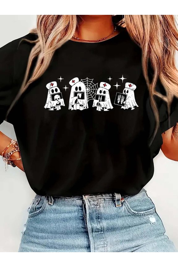 Funny Radiology Ghost Boo Crew Skeleton X-ray Bones RAD TechCrew Neck Graphic Tee Cotton Women T-Shirt
