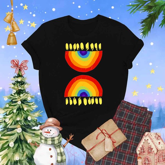 Funny Rainbow Chanukiah Hanukkah Holiday Artwork Unisex T Shirt up to 5XL
