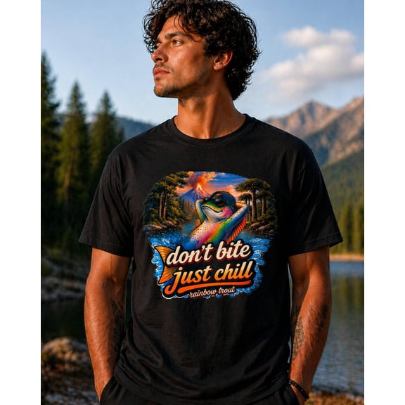 Funny Rainbow Trout Fishing T-Shirt, Fishing Gift, Don't Bite Just Chill Graphic Tee, Fish Shirt, Wildlife, Unisex T-Shirt