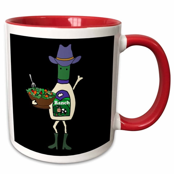 3drose, Funny Ranch Dressing Man with Cowboy Hat Eating Salad Satire Cartoon, 11oz Two-tone Red Mug