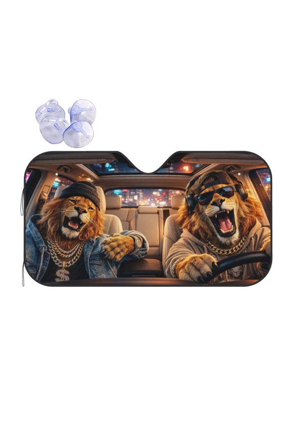Funny Rapper Lion Car Windshield Sun Shade, Hip Hop Night City Design Foldable Front Window Sunvisor, UV Ray Blocker Heat Reflector SUV Sedan Truck Keeps Cool