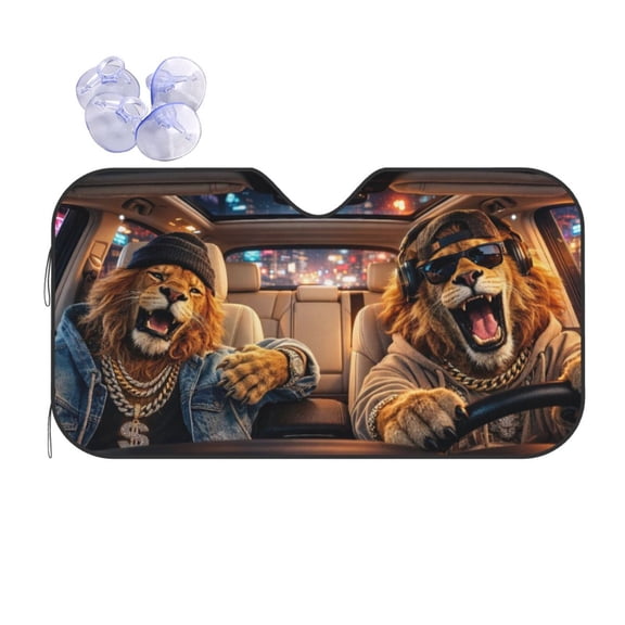 Funny Rapper Lion Car Windshield Sun Shade, Hip Hop Night City Design Foldable Front Window Sunvisor, UV Ray Blocker Heat Reflector SUV Sedan Truck Keeps Cool