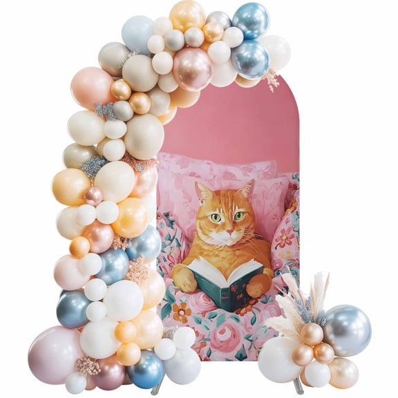 Funny Reading Ginger Cat Arch Backdrop Cover Spandex Fitted Arch Cover 6FT,Arches Backdrop Stand Covers for Wedding Birthday Party Ceremony Banquet Decoration Boho Animals Pink Flower Patterns