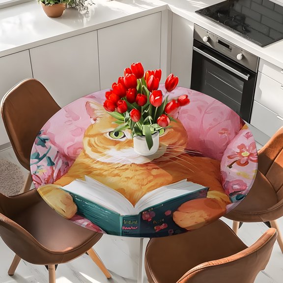 Funny Reading Ginger Cat Round Fitted Tablecloth with Elastic Edge,Waterproof Table Cloth Fits 36"-44"Tables,Wipeable Table Cover for Indoor Outdoor Dinning Party,Boho Animals Pink Flower Patterns