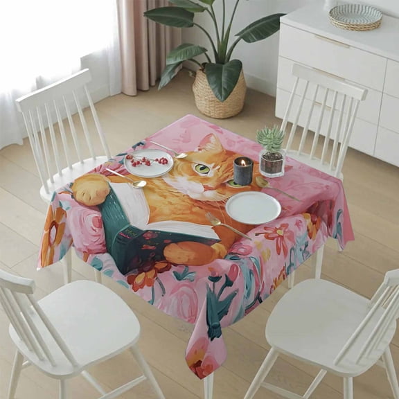 Funny Reading Ginger Cat Table Cloth 54x54in, Waterproof Square Tablecloth Wipeable Tablecloths Boho Animals Pink Flower Patterns Table Covers for Dining Tables Party Indoor Outdoor