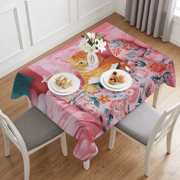 Funny Reading Ginger Cat Table Cloth 60x84in, Waterproof Rectangle Tablecloth Wipeable Tablecloths Boho Animals Pink Flower Patterns Table Covers for Dining Tables Party Indoor Outdoor