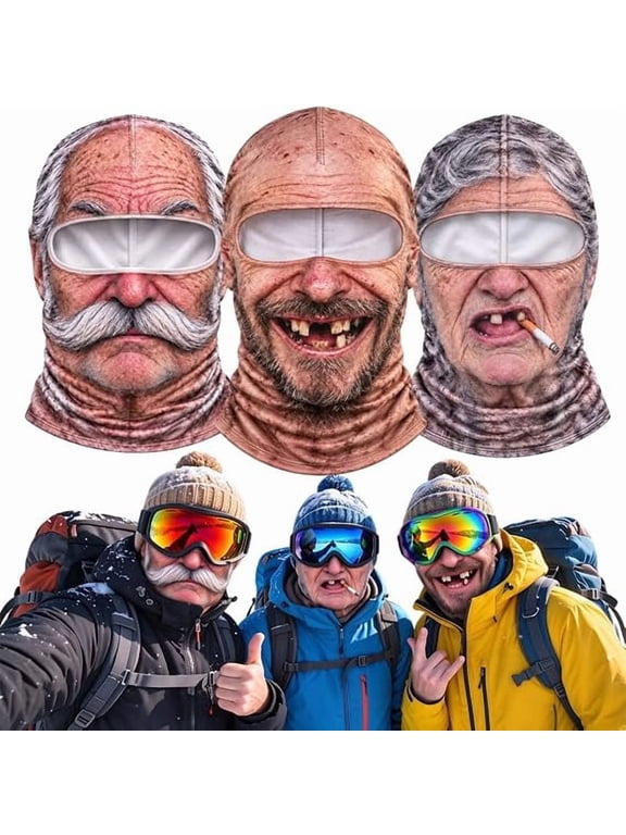 Funny Realistic Face Ski Mask, Realistic Old Man Balaclava 3D Face Mask, Breathable Stretch Fabric, One Size Fits Most, Full Neck Cover, Fits Under Ski Helmets and Goggles for Winter Fun, 3 Pcs