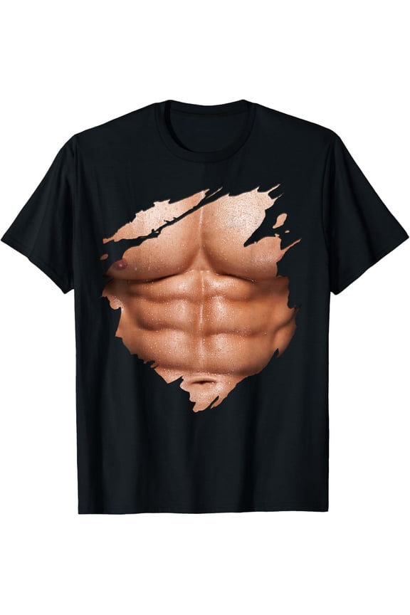 Funny Realistic Six Pack Abs Muscle Graphic T-Shirt Men's Ripped Torso Bodybuilding Fitness Tee Gag Gift