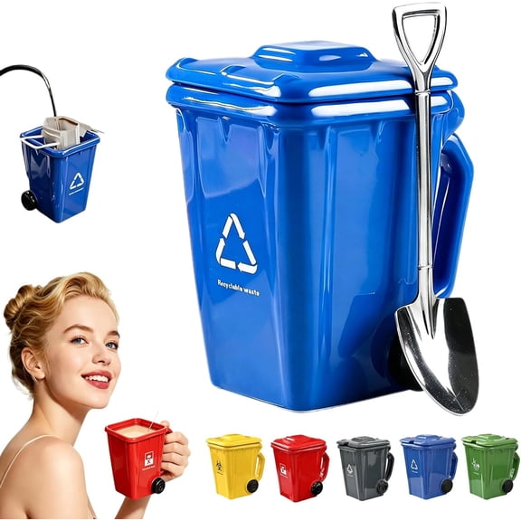 Funny Recycling Bin Coffee Mug, Ceramic 3d Mugs With Lid,Novelty Trash Can Shaped Mugs for Office, Coworkers, Home Desk, Daily Use Water Tea Coffee Cup(Blue)