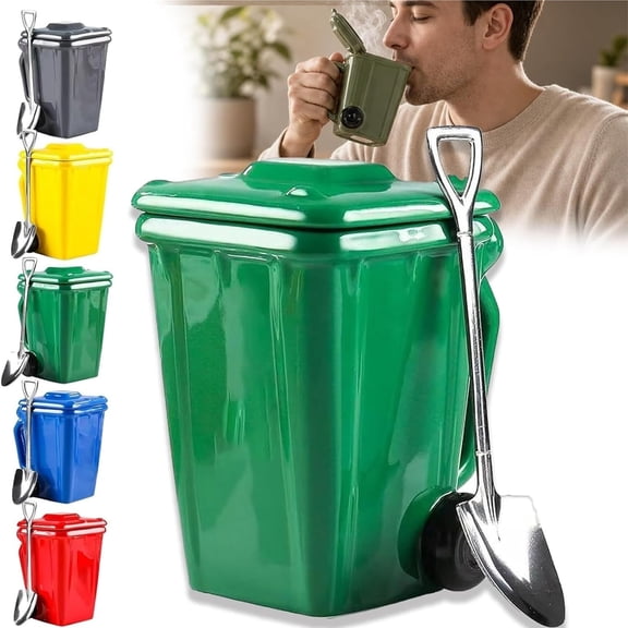 Funny Recycling Bin Coffee Mug, Ceramic Trash Can Shaped Mug with Lid, Novelty Desktop Cup for Home Office Gift