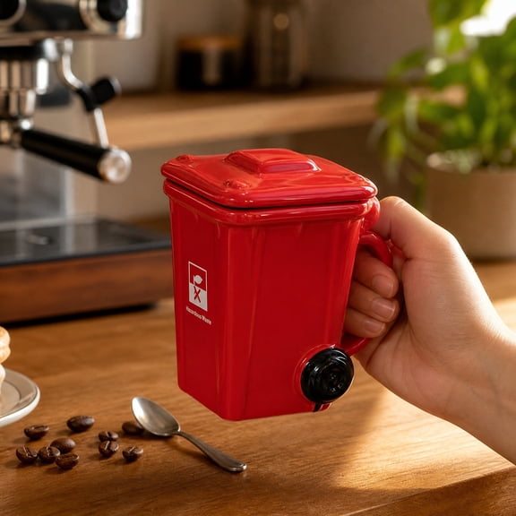 Funny Recycling Container Mug, Trash Bin Ceramic Coffee Cup, Lidded Tea Drinkware, Novelty Coworker Office Present, Red Desk Accessory