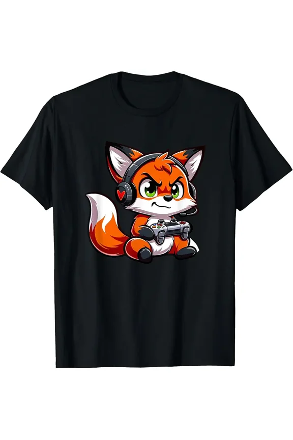 Funny Red Fox Gamer Playing Video Games for Boys Girls Unisex T-Shirt, up to Size 5XL