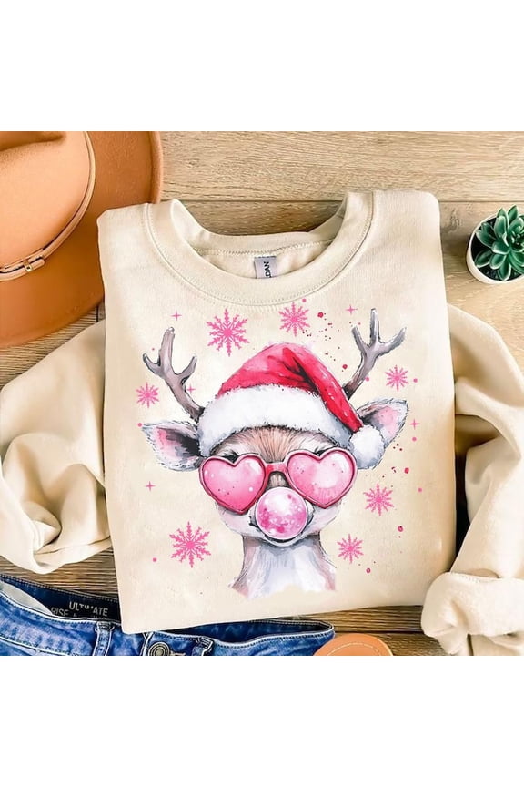 Funny Reindeer Christmas Sweater, Retro Bubble Blowing Reindeer with Sunglasses Holiday Sweatshirt