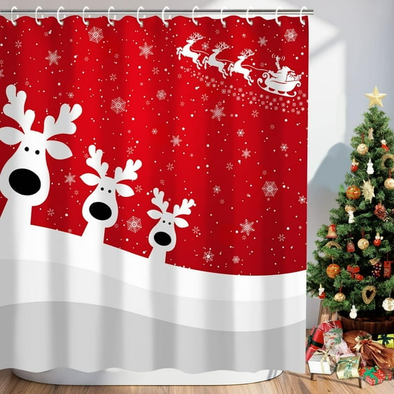 Funny Reindeer Red Christmas Shower Curtain with 12 Hooks Holiday Xmas Christmas Shower Curtains for Bathroom Christmas Decor, 72x72 Inch