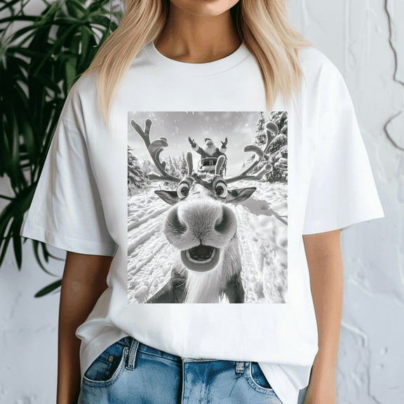 Funny Reindeer Selfie Christmas, Retro Christmas Shirt, Xmas TShirt, Cute Santa Claus Holiday, Merry Christmas Gift