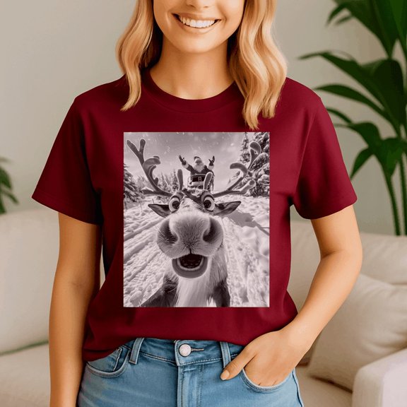 Funny Reindeer Selfie Christmas, Retro Christmas Shirt, Xmas TShirt, Cute Santa Claus Holiday, Merry Christmas Gift