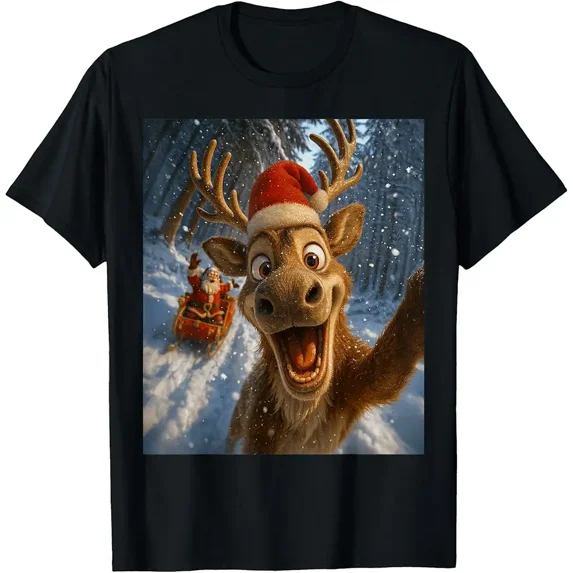 Funny Reindeer Selfie Jolly Merry Festive Holiday Men Women Kids Unisex T-Shirt, up to Size 5XL
