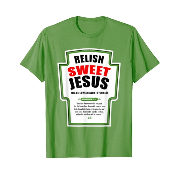 Funny Relish Sweet Jesus Label Design T-Shirt for Christian Humor and Style