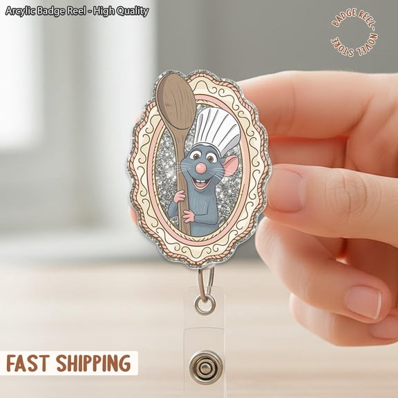 Funny Remy Mouse Chef Cartoon Mouse Balloon Badge Reel, Fairytale The Ratatouille Badge, Retractable ID Badge Holder, Gift For Nurse, Fairytale Trip