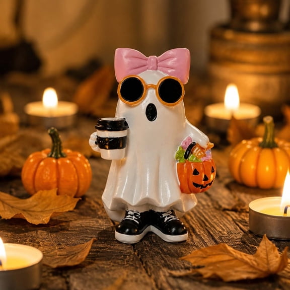 Funny Resin Halloween Decorations, Spooky Cute Bow Ghost Halloween Table Decor, Fun Quirky Ghost Face Action Figure for Desk, Shelf, Tabletop, Party