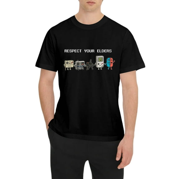 Funny "Respect Your Elders" Retro Gamer T-Shirt. Nostalgic 90s Pixel Art Controller Graphic Tee. oversize Trend Gift for Him Her Unisex Cotton Top