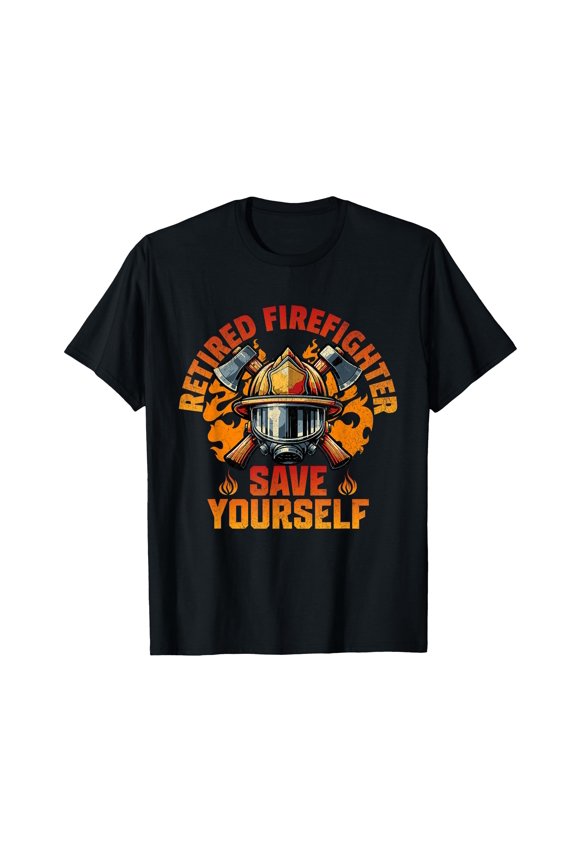 Funny Retired Firefighter T-Shirt with Helmet and Axes Graphic for Fireman Retirement Celebration