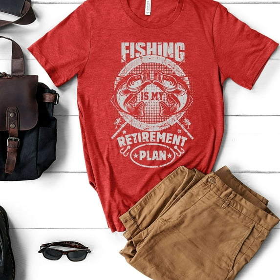 Funny Retired Shirt, Retirement Party T-shirt, Fishing Is My Retirement Plan T-shirt, Fishing Retired Shirt, Retirement Gift for Coworker (Colors:Heather Red; Sizes:S;)