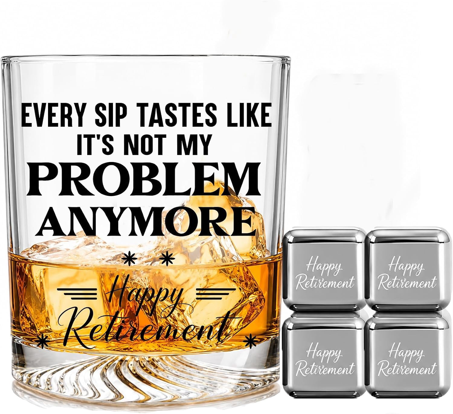 Large Ice Set Design Funny Retirement Gift for Men - Whiskey Glass Gift Set with 4 Ice Cubes ...