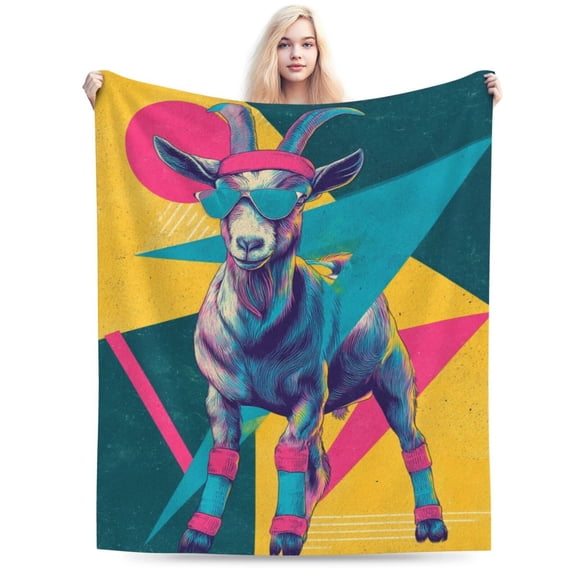 Funny Retro 80s Workout Goat Throw Blanket, Neon Aerobics Art for Fitness Lovers & Retro Fans 50x40
