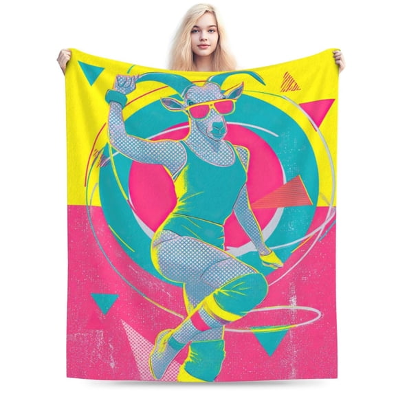 Funny Retro 80s Workout Goat Throw Blanket, Neon Aerobics Art for Fitness Lovers & Retro Fans 50x40