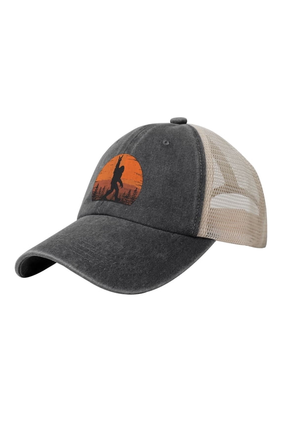 Funny Retro Bigfoot Rock Roll Baseball Cap Trucker Hat For Men Women Adjustable Outdoor Denim Mesh Hat