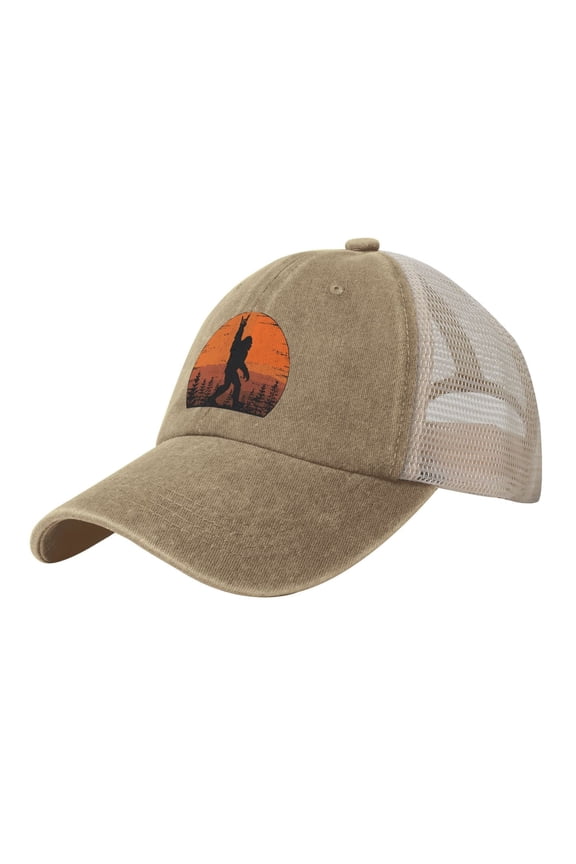 Funny Retro Bigfoot Rock Roll Baseball Cap Trucker Hat For Men Women Adjustable Outdoor Denim Mesh Hat