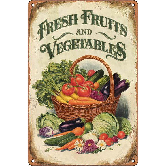 Funny Retro Fresh Fruits and Vegetables Vintage Metal Tin Signs for Home Farmers Market Shop Farm Wall Decorative 12x8 inch