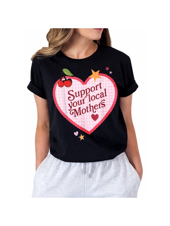 Funny Retro Heart Preppy Cherry Support Local Graphic T-Shirt for Women, Casual Short Sleeve Crew Neck Tee