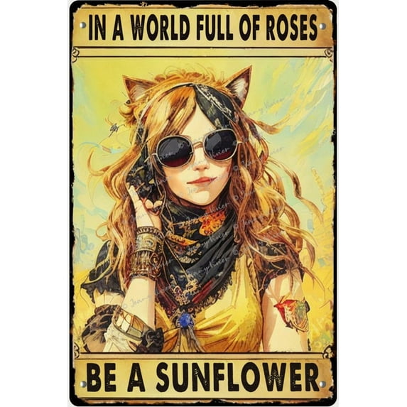 Funny Retro Hippie Style, in A World Full of Roses Be Sunflower Tin Signs for Home Farm Outdoor Bathroom Restaurant Cafes Bars Club Kitchen Garage Cute Wall Decor Sign 8x12 Inch