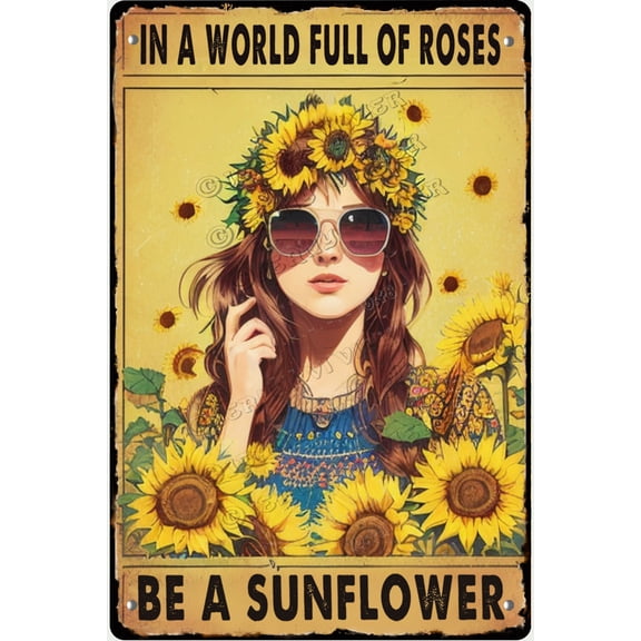 Funny Retro Hippie A World Full of Roses Be Sunflower Tin Signs,Boho Style Decor,Inspirational Quote Decor,Gift for Daughter Boys Party Garage Thanksgiving Wedding Decorations 12x16 inches
