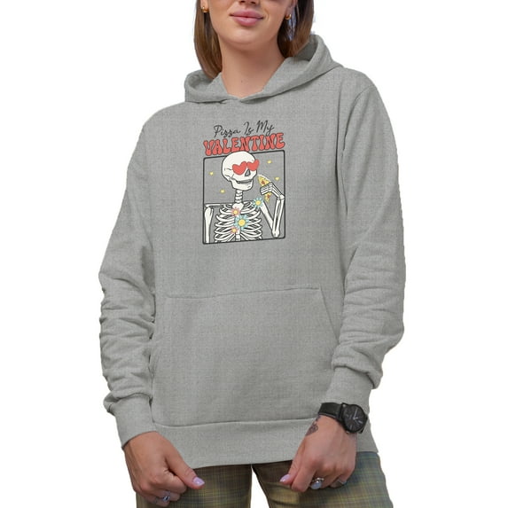 Funny Retro Pizza Is My Valentine with a Skeleton, Valentine's Day Gift, Heather Grey Hooded Sweatshirt or Hoodie, 3XL