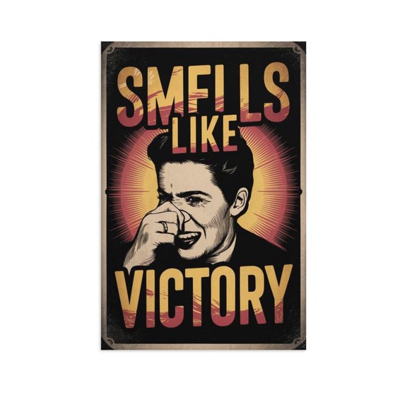 Funny Retro Poster Smells Like Victory Bathroom Wall Art Person Holding Nose in Triumph Vintage Style Fiery Red And Orange Hues Print Poster