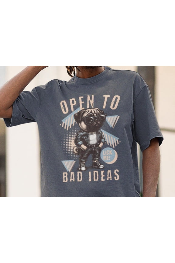 Funny Retro Pug T-Shirt for Men Women, Open to Bad Ideas Graphic Tee, Sarcastic Vintage Dog Shirt