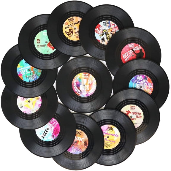 Funny Retro Record Coasters for Drinks with Vinyl Player Holder for Music Lovers,Set of 6 Conversation Piece Sayings Drink Coaster,Housewarming Hostess Wedding Registry Gift Ideas