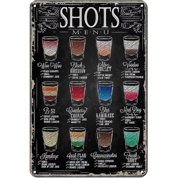 Funny Retro Shots Menu Bar Signs for Home Bar Accessories for Men Bar Wall Decor for Your Home Bar Area, Man Cave Decor, Kitchen,Cafe Pub, Restaurant 8 x 12 Inch
