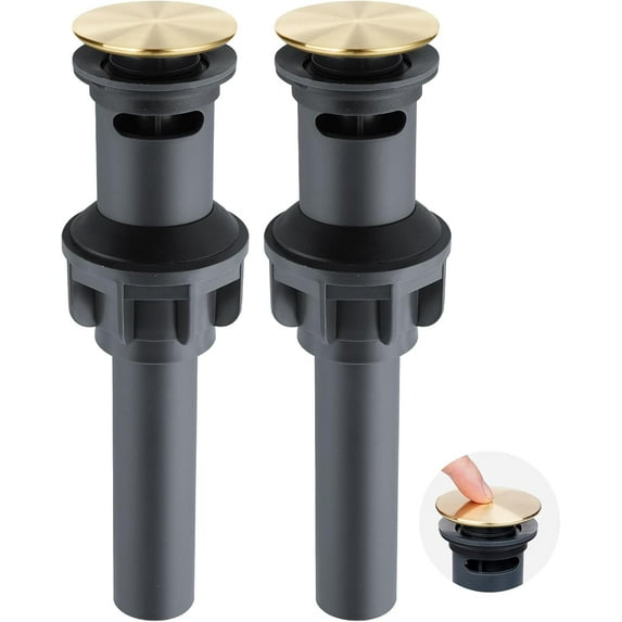2Pack Pop Up Sink Drain with Overflow, Bathroom Sink Stopper for Vessel Sink, Push and Seal Vessel Sink Drainer Stopper, Anti-Clogging Strainer, Gold