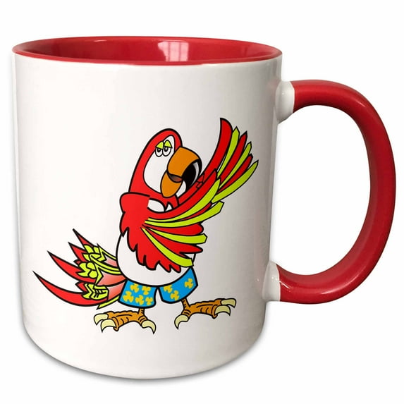 3drose, Funny Retro Style Red Macaw Parrot Animal Bird Cartoon Dancing in Hawaiian Shorts Cartoon, 11oz Two-tone Red Mug