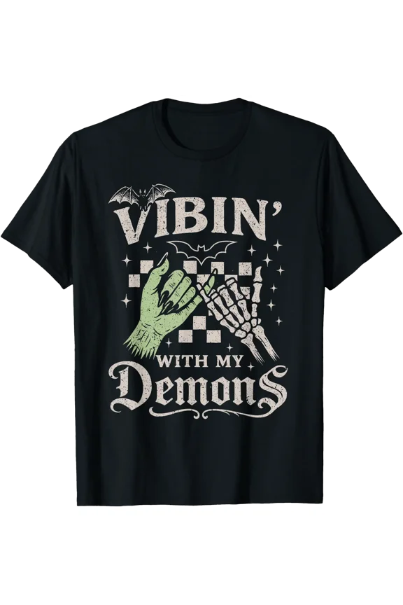 Funny Retro Vibin With My Demons Skeleton Spooky Halloween T-Shirt , Vintage T-Shirt