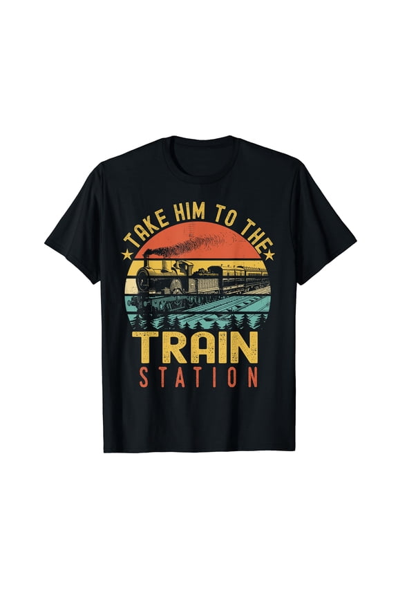 Funny Retro Vintage Style Take Him To The Train Station T-Shirt Black Tee