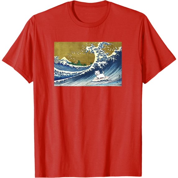 Funny Retro Vintage Surfing a Wave Westie Dog Lover Unisex T-Shirt for Men Women,Red Color,Size YL