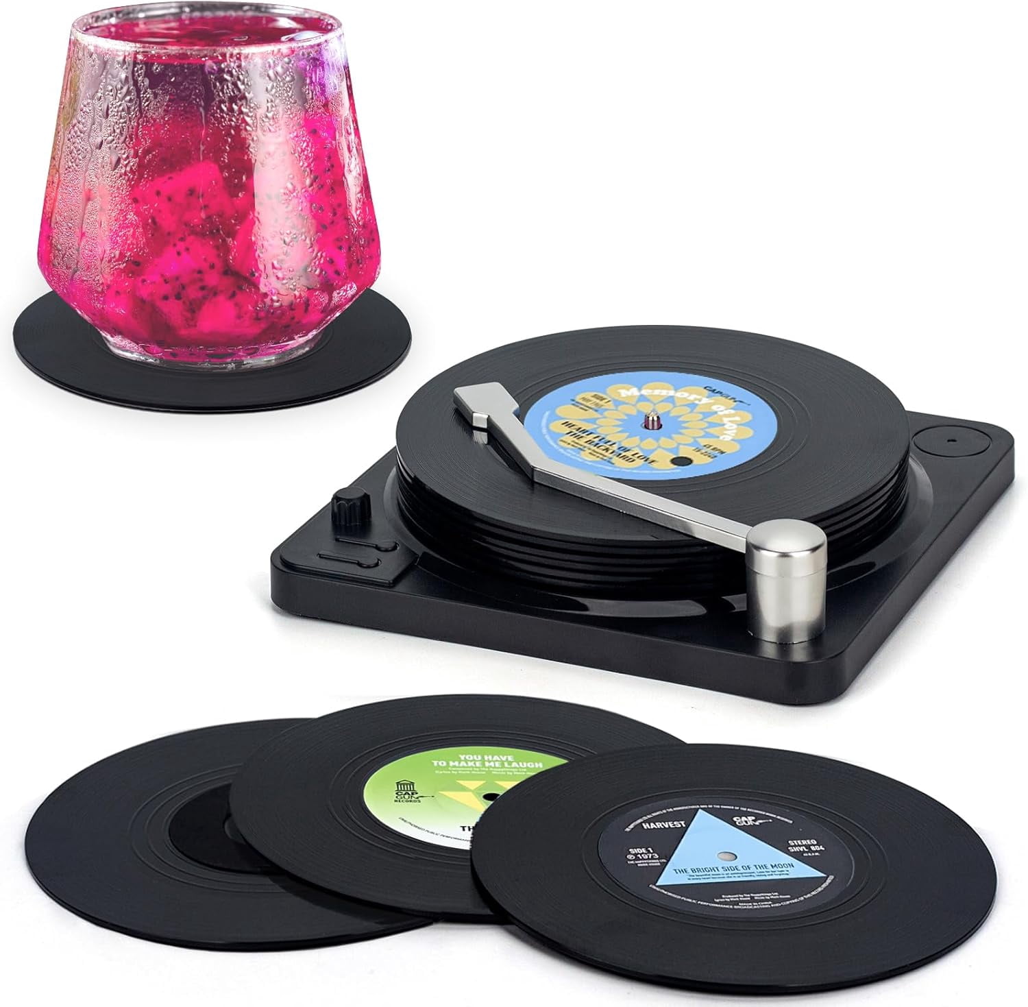 Funny Retro Vinyl Record Coasters with Player, 6 Pcs Music Coasters for ...
