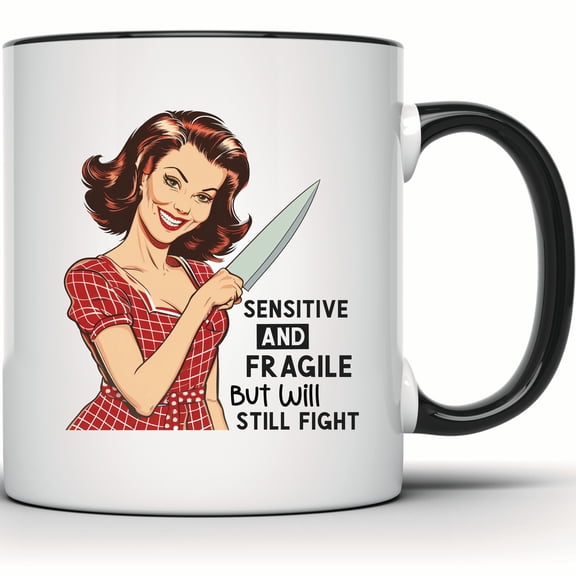 Funny Retro Woman Holding Knife Mug - Vintage Style Sarcastic Humor Coffee Cup - Empowering Sensitive Fragile Gift - Kitchen Decor - 11 Ounce Black Rim Handle Novelty Coffee Cup - WMUG1631-BLK